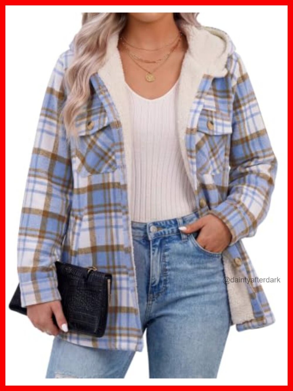 Plaid Fleece Hooded Shacket Button Down Loose Fit Women's Jacket